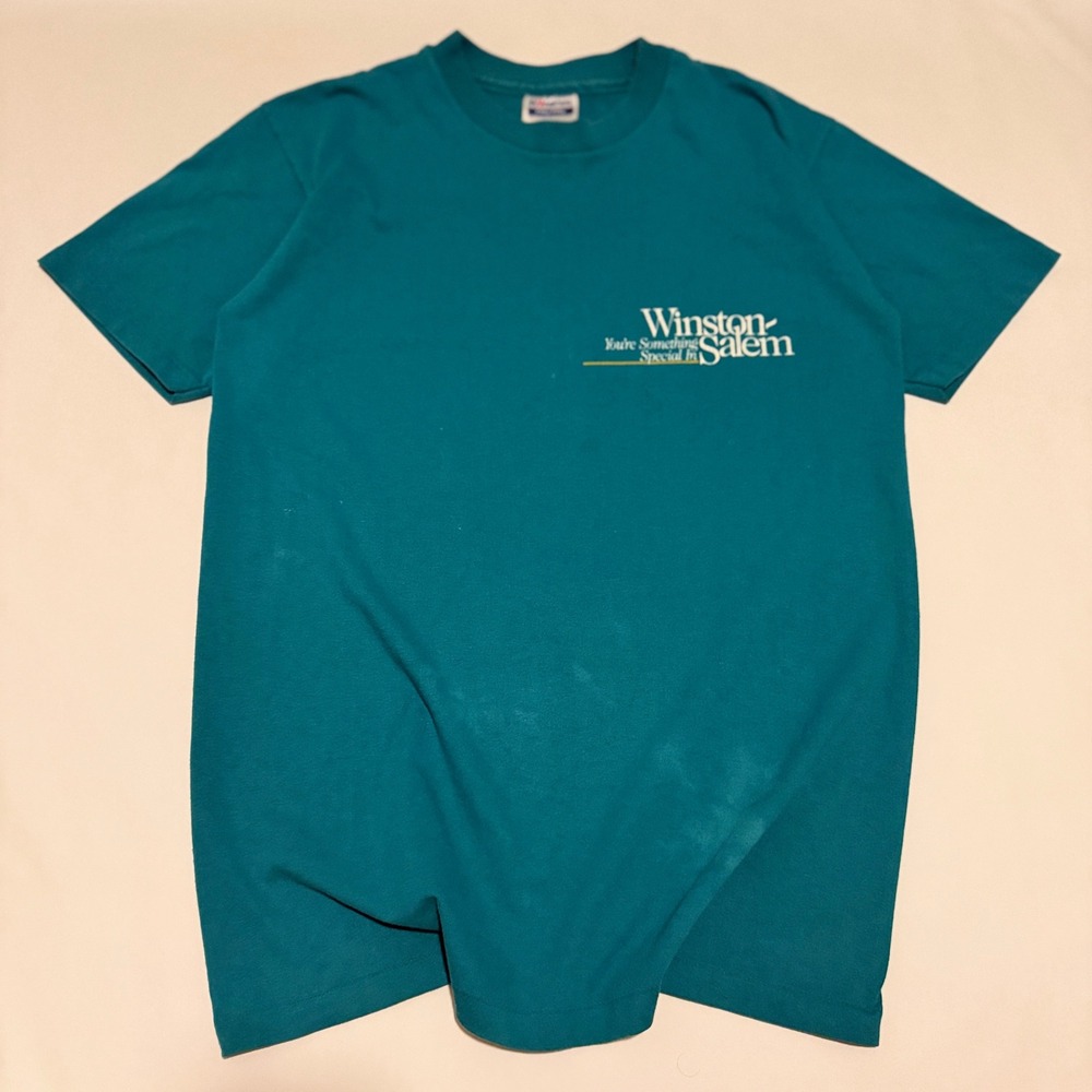 Hanes T-Shirt Mens M Teal Vintage 90s Winston-Salem Single Stitch Made in USA